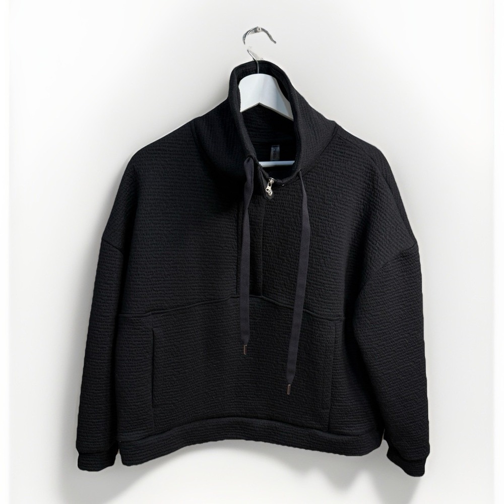 Ebb & Flow Womens Sz M Black Quarter Zip Cowl Neck‎ Sweatshirt Kangaroo Pockets